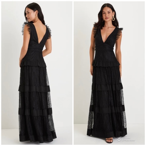 Lulus Dresses & Skirts - Lulus Large Marvelous Darling Black Lace Ruffled Tiered Maxi Dress NWT Formal